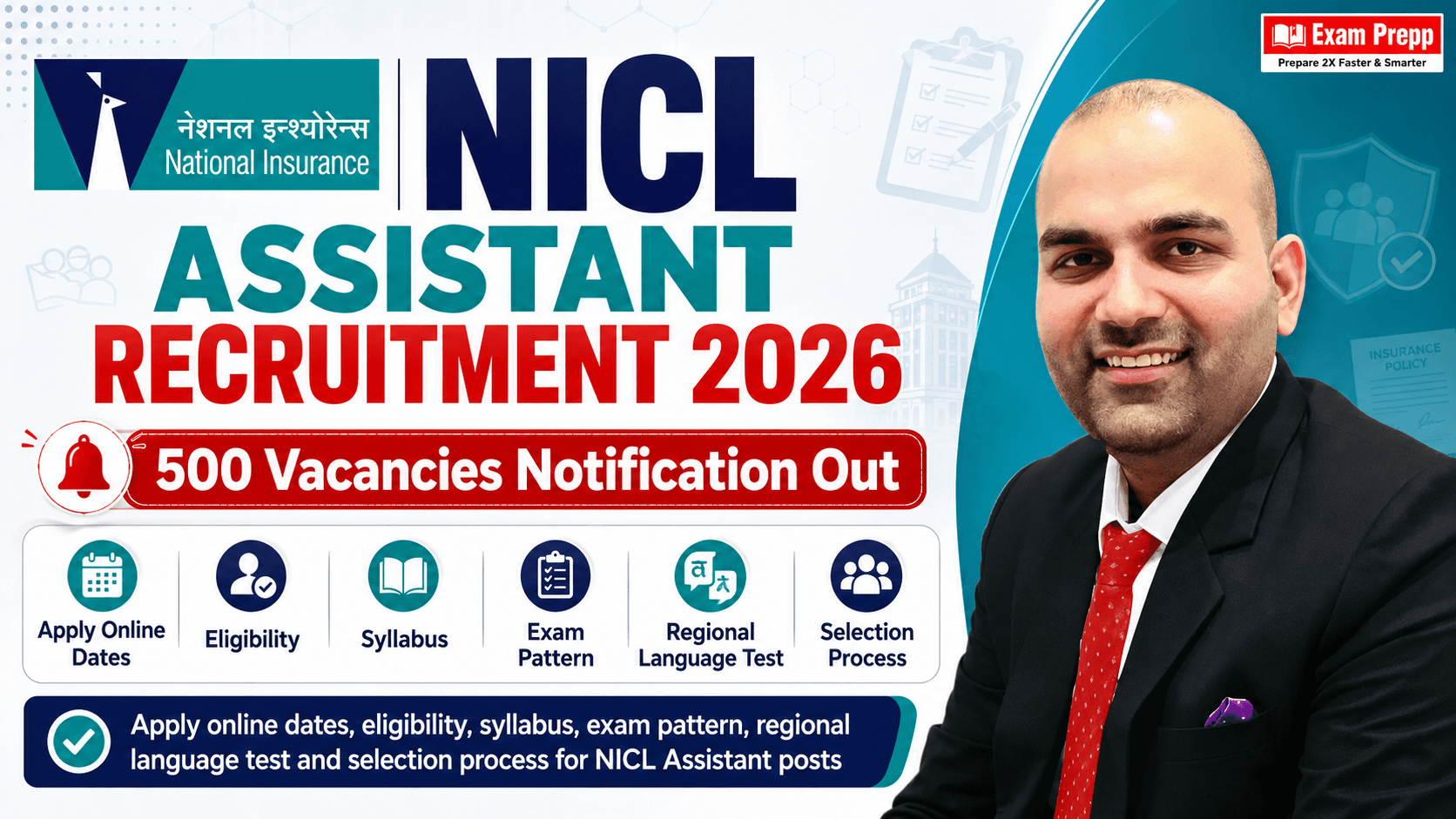 NICL Assistant Recruitment 2026 notification for 500 Assistant vacancies by Exam Prepp and Sunderpal Dahiya Sir