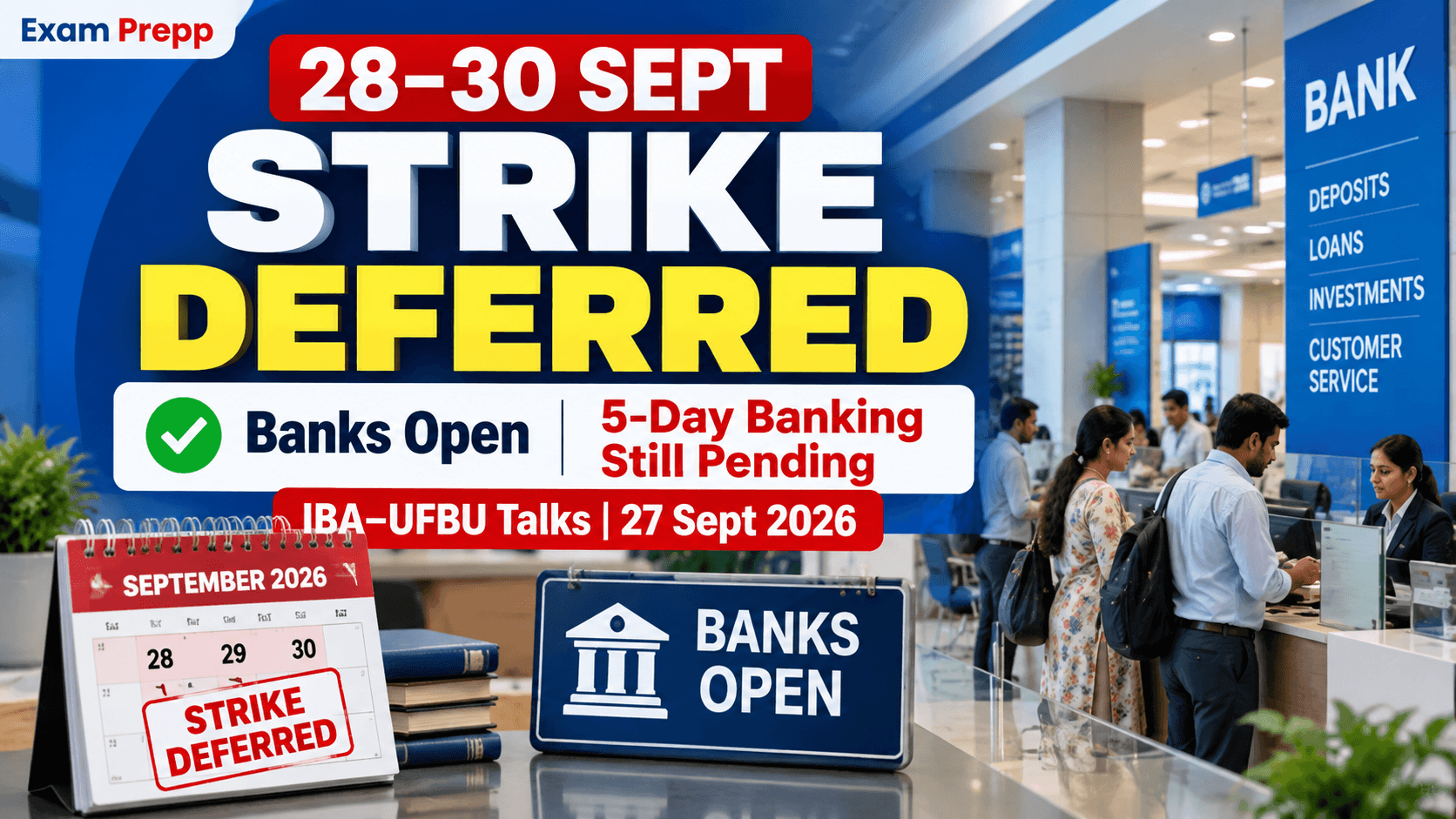 Bank Strike September 2026 deferred – banks open 28 to 30 September and 5-day banking update
