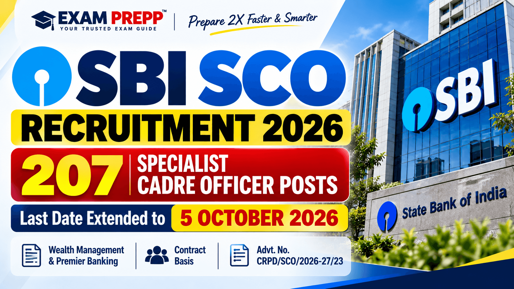 SBI SCO Recruitment 2026 – 207 Specialist Cadre Officer Posts, Last Date Extended to 5 October 2026