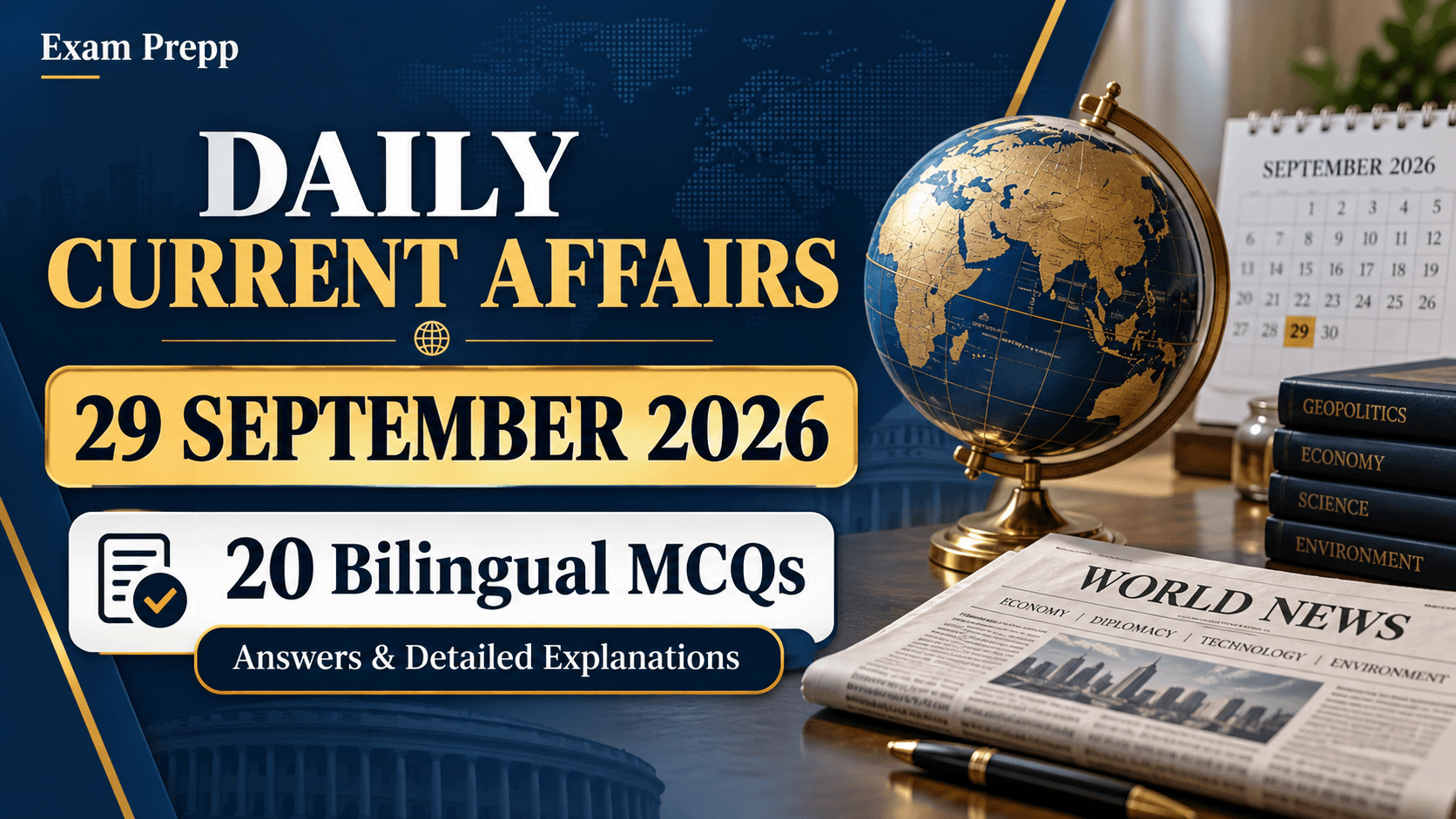 Daily Current Affairs 29 September 2026 – 20 bilingual MCQs with answers and explanations